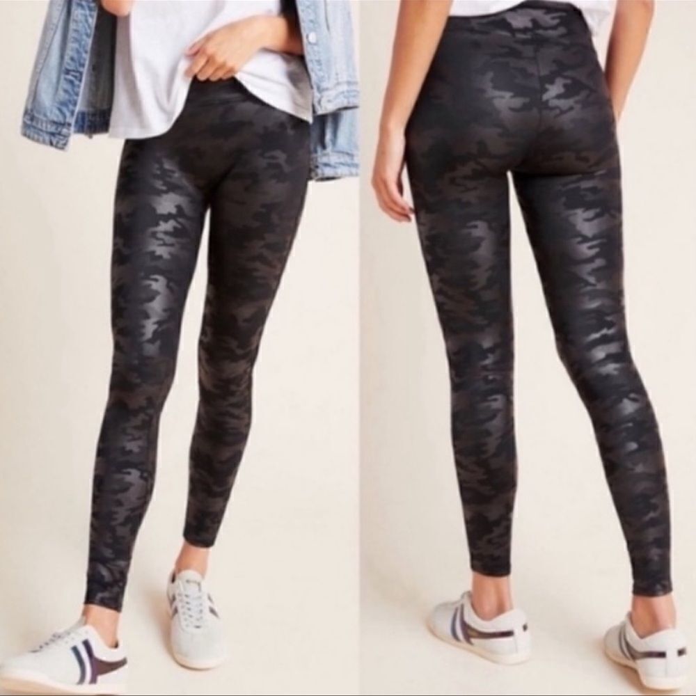 SPANX Faux Leather Shimmer Black Camo Leggings S
